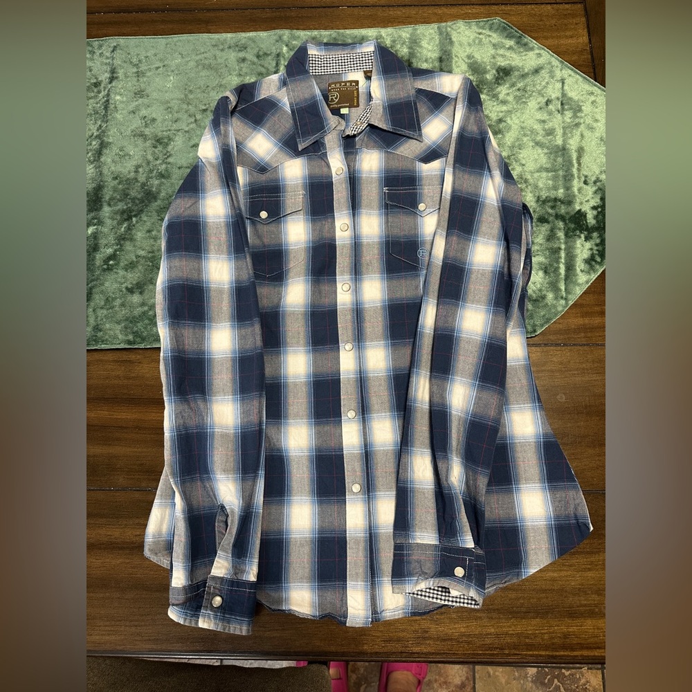 Roper Blue and White Plaid Casual Button Down Shirt